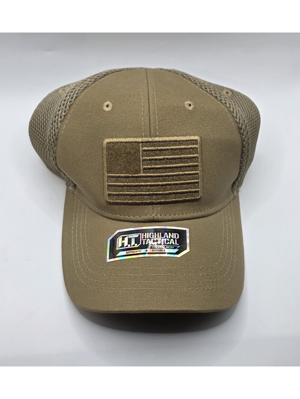 Highland Tactical American Flex Fit Baseball Cap Tan USA Flag Embroidered